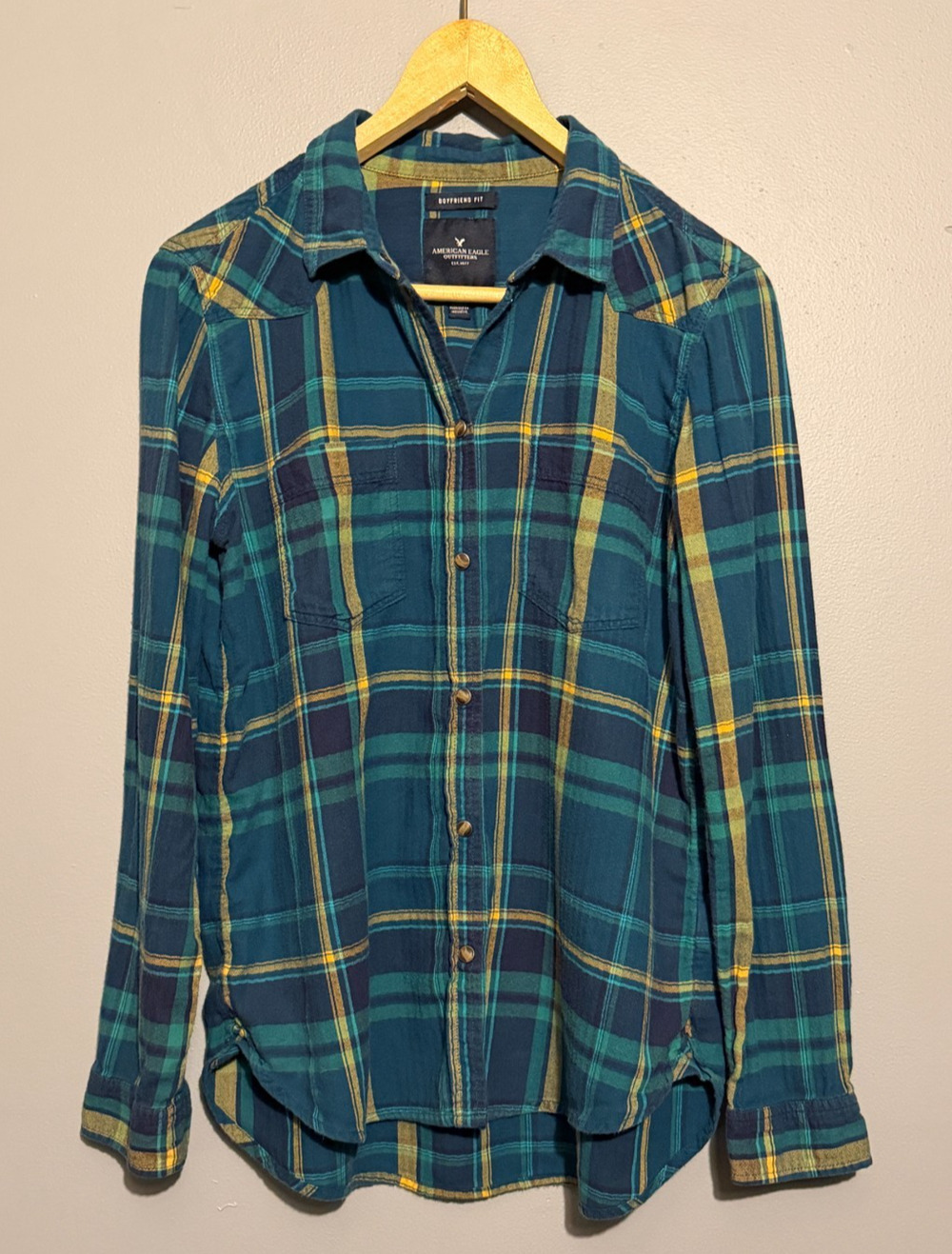 American Eagle Boyfriend Fit Plaid Western Snap Shirt Medium